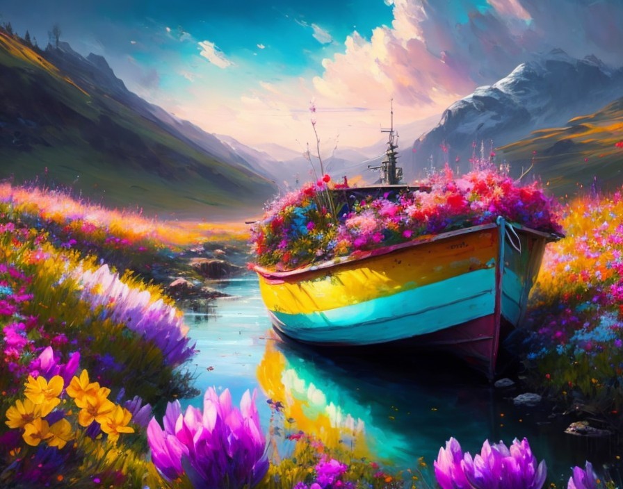 Vibrant Boat of Flowers on a Serene River Landscape
