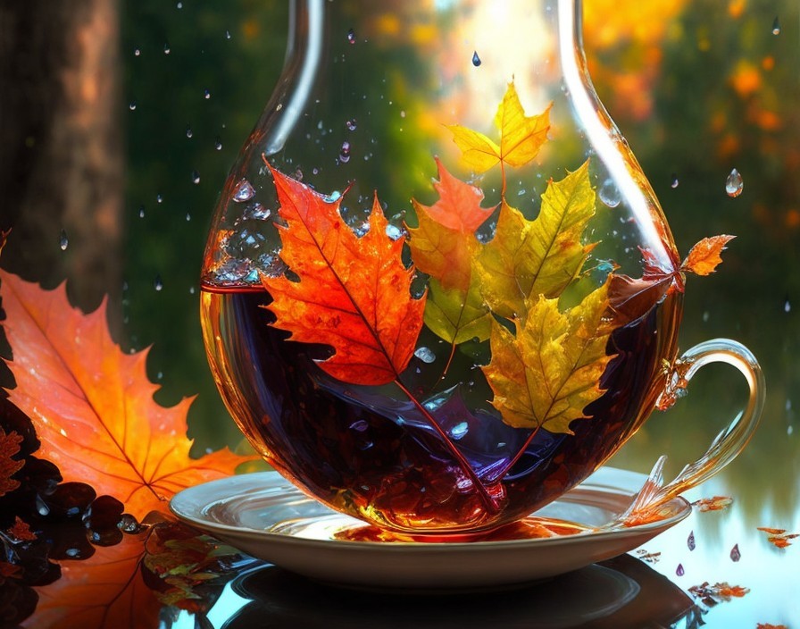 Glass Teapot with Autumn Leaves in Amber Tea