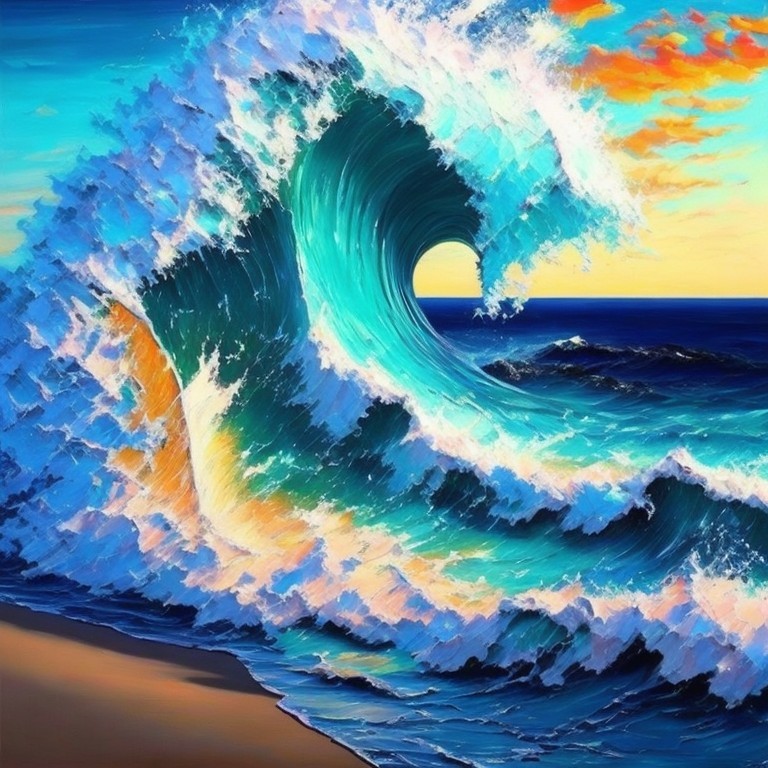 Vibrant Ocean Scene with Curling Wave at Sunset