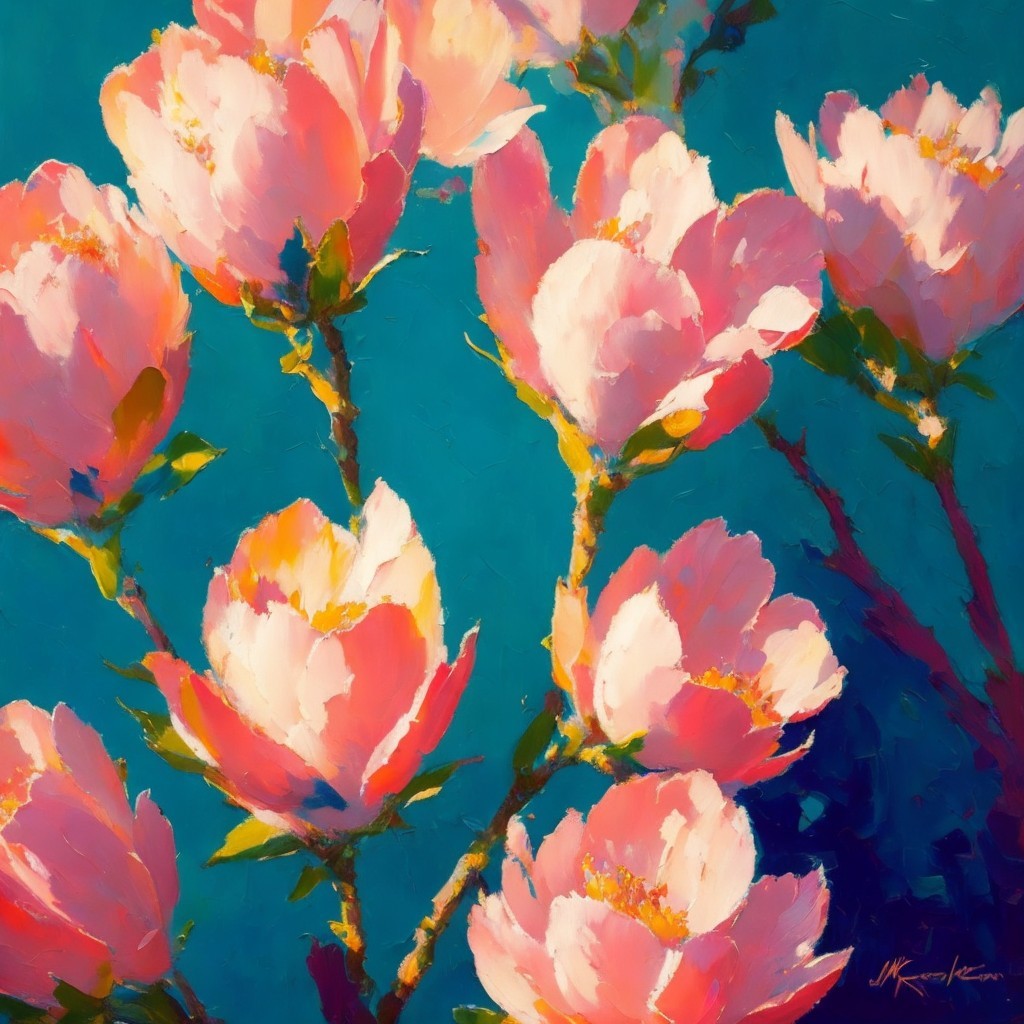 Impressionistic Painting of Pink Blossoms on Teal Background