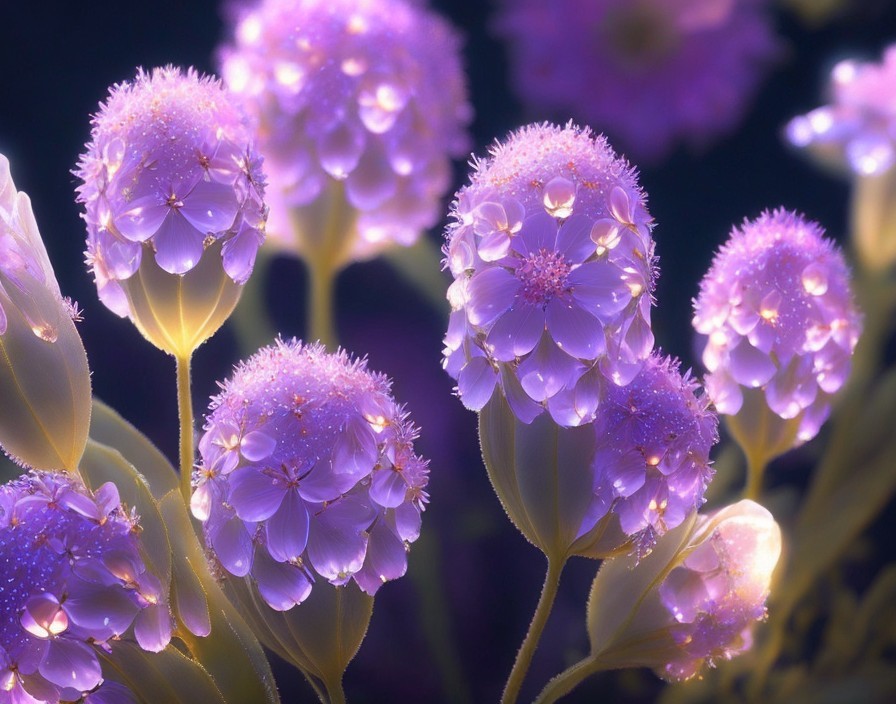 Luminescent Purple Flowers with Sparkling Droplets