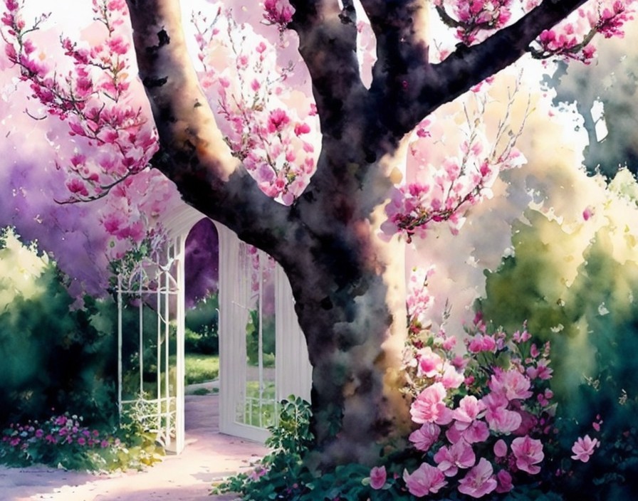 Serene garden with blooming pink flowers and archway