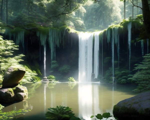 Serene Waterfall Surrounded by Lush Greenery