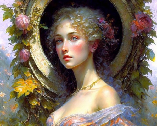 Young woman in floral frame with serene expression