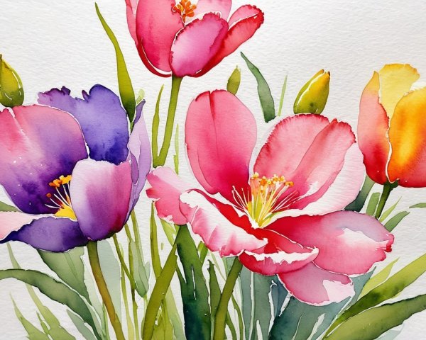 Vibrant Watercolor Bouquet of Red and Purple Flowers