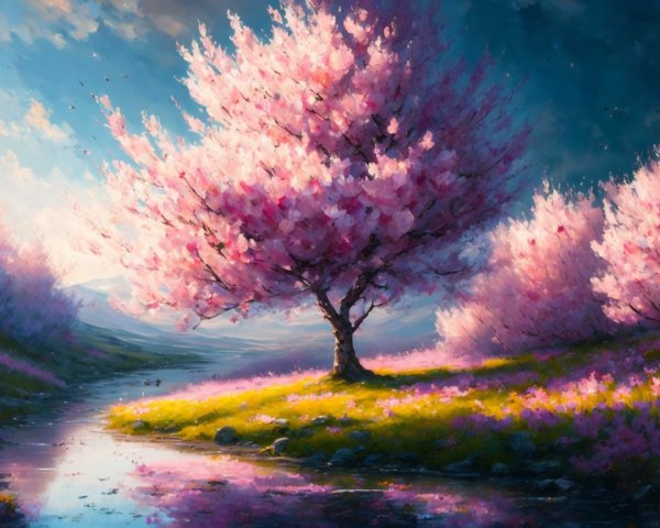 Vibrant Spring Landscape with River and Cherry Blossoms