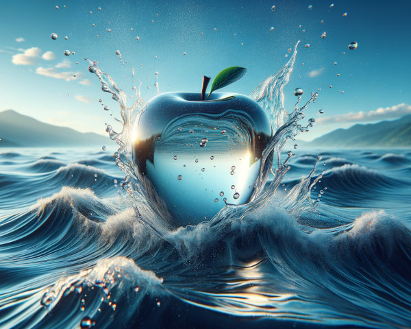 Shimmering apple-shaped sculpture by ocean waves