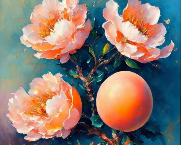 Vibrant Painting of Peach Flowers and Ripe Peach