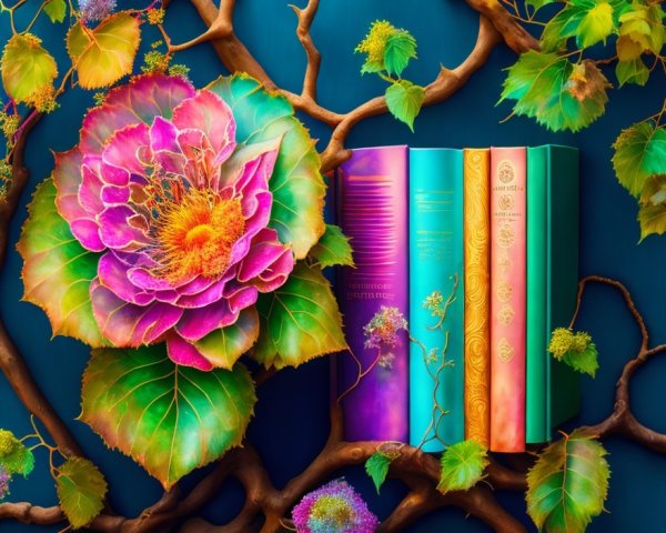 Colorful Flower and Elegant Books Still Life Arrangement