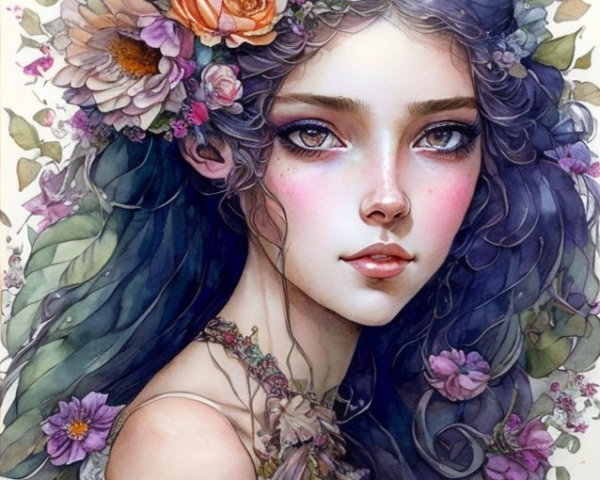 Portrait of a Young Woman with Flowers and Soft Features