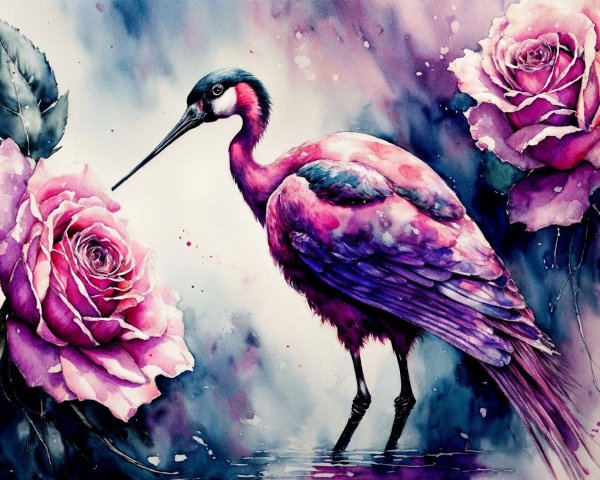 Vibrant Watercolor Painting of a Flamingo-like Bird