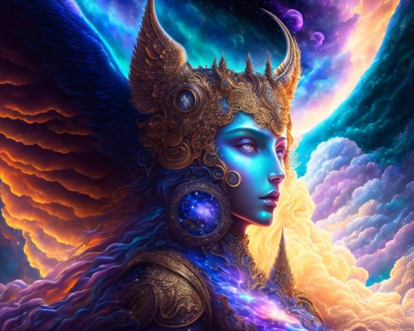 Majestic figure with celestial backdrop and shimmering wings