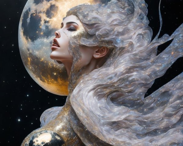 Celestial Figure with Stardust Hair and Night Sky
