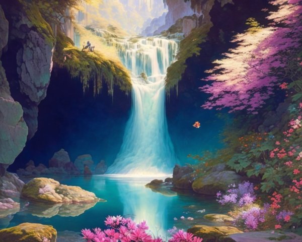 Serene Landscape with Waterfall and Vibrant Flora