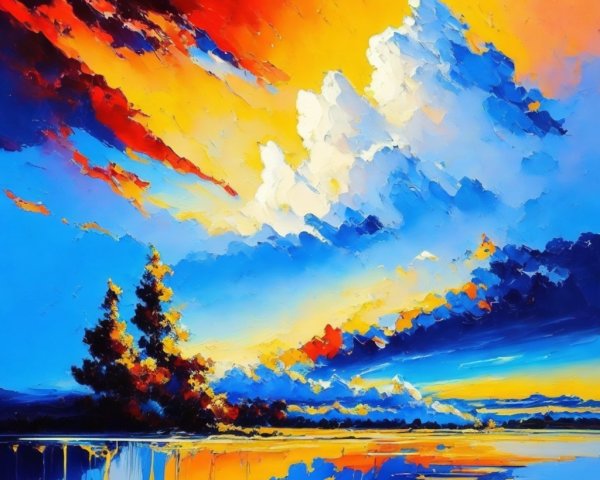 Abstract Sunset Over Water with Textured Painting