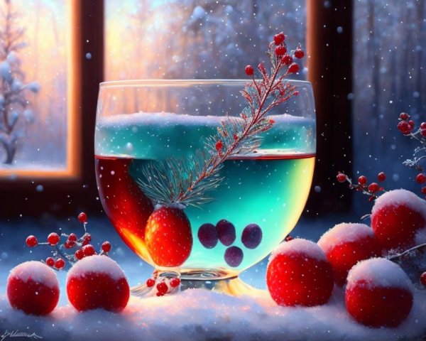 Glass Bowl with Blue-Green Liquid and Berries on Snow