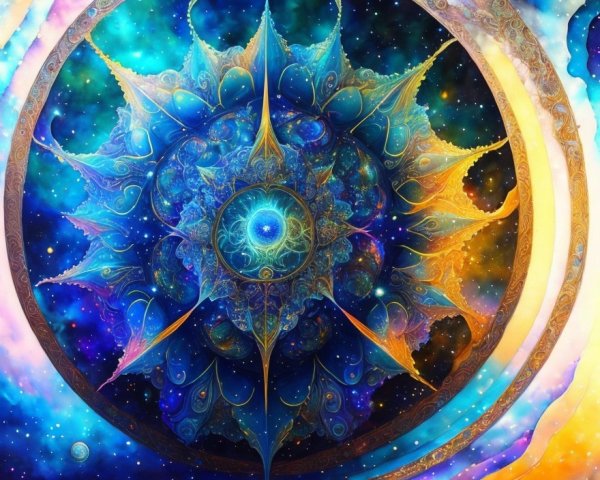 Vibrant Mandala with Cosmic Backdrop and Stars