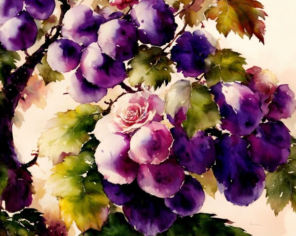 Vibrant Watercolor Painting of Ripe Grapes and Roses