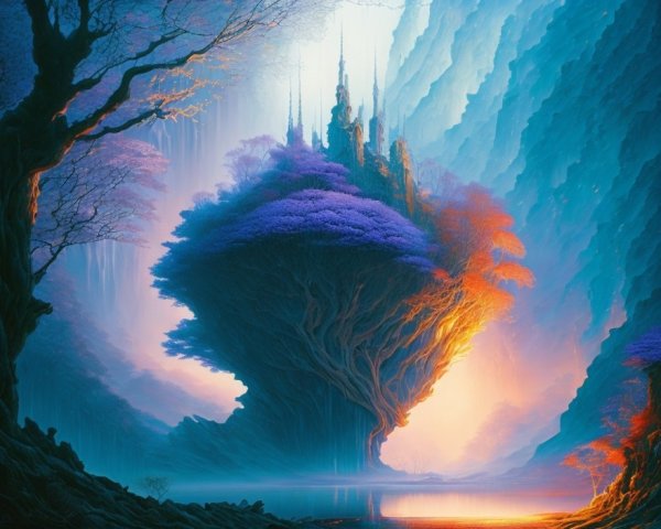 Mystical Landscape with Floating Island and Purple Trees