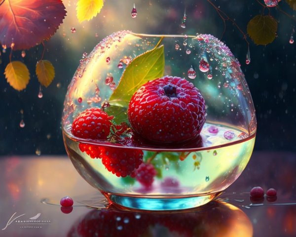 Glass Bowl with Raspberries and Leaves in Water