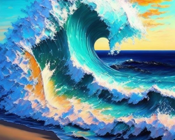 Vibrant Ocean Scene with Curling Wave at Sunset