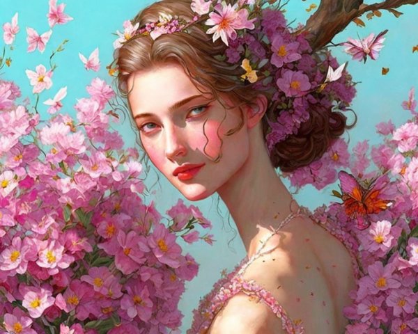 Serene woman with pink flowers and butterflies