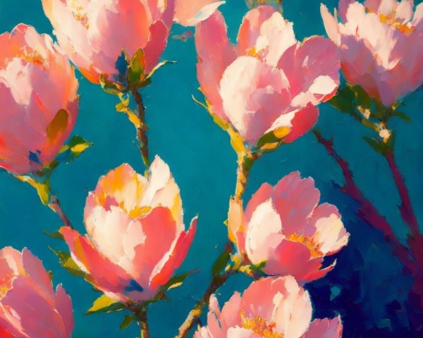 Impressionistic Painting of Pink Blossoms on Teal Background