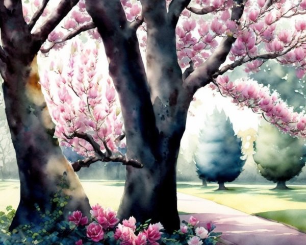 Serene park scene with pink flowering trees and greenery