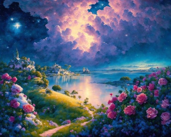 Twilight Landscape with Lake and Charming Village