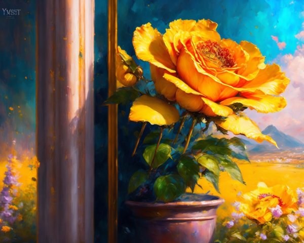 Vibrant Yellow Rose in Decorative Pot with Colorful Backdrop