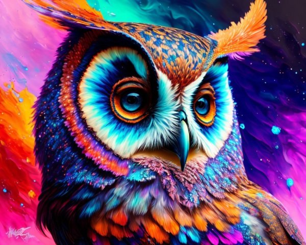 Vividly Colored Owl with Abstract Background