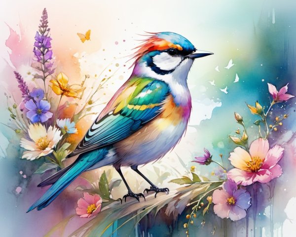 Vibrant Bird Among Colorful Flowers and Butterflies