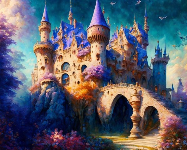 Fairy Tale Castle with Spires and Vibrant Gardens