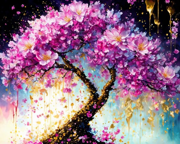 Vibrant Anime Style Painting of a Blooming Tree