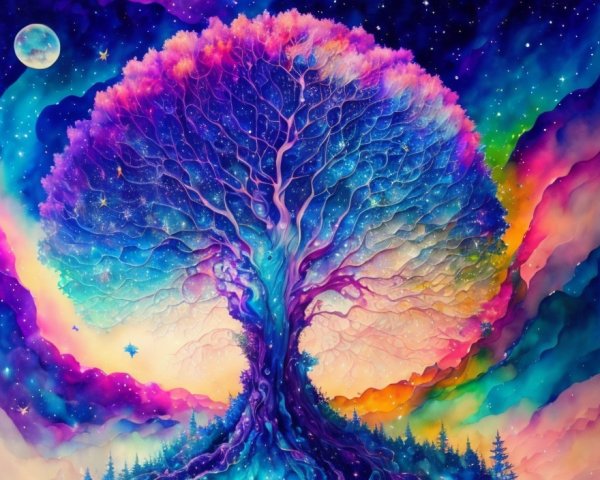 Cosmic Tree Surrounded by Galaxies and Stars