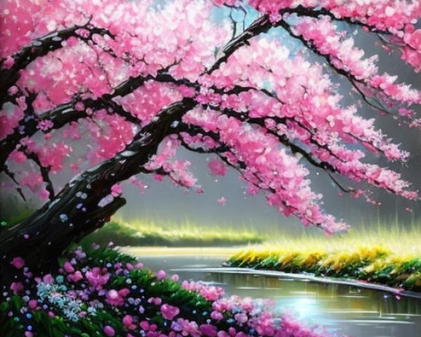 Serene Landscape with Cherry Blossom Tree and River