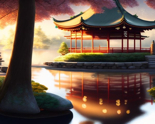 Traditional Asian Pavilion Surrounded by Cherry Blossoms