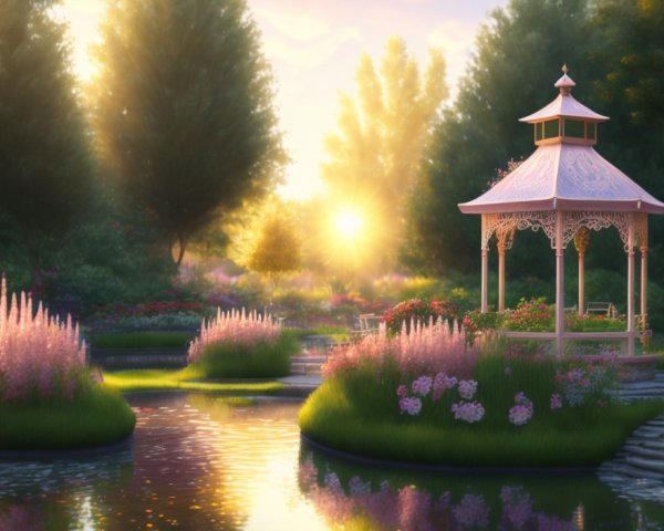 Serene garden at sunrise with gazebo and flowers