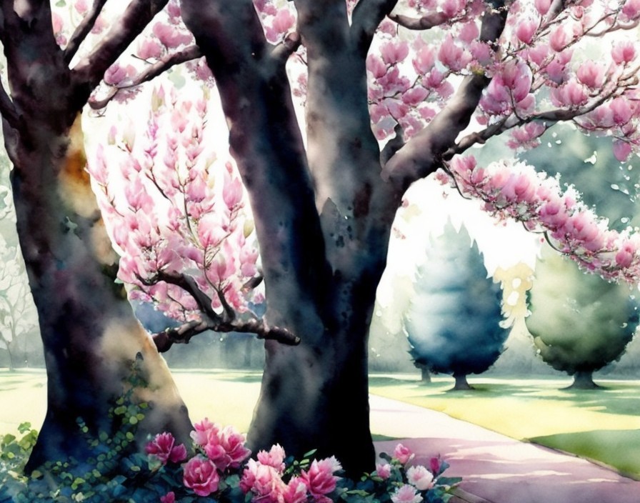 Serene park scene with pink flowering trees and greenery