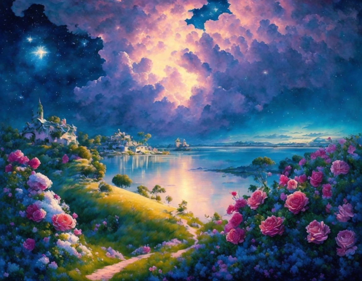 Twilight Landscape with Lake and Charming Village