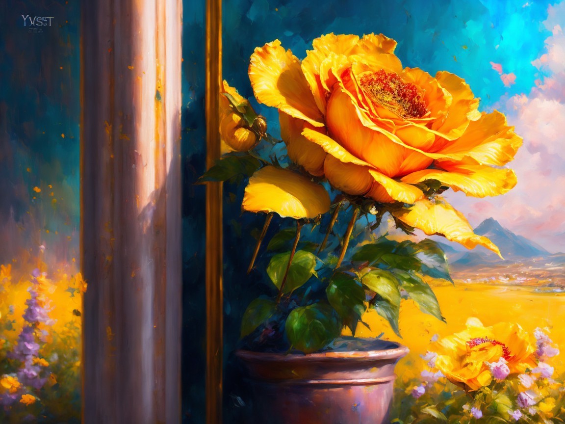 Vibrant Yellow Rose in Decorative Pot with Colorful Backdrop