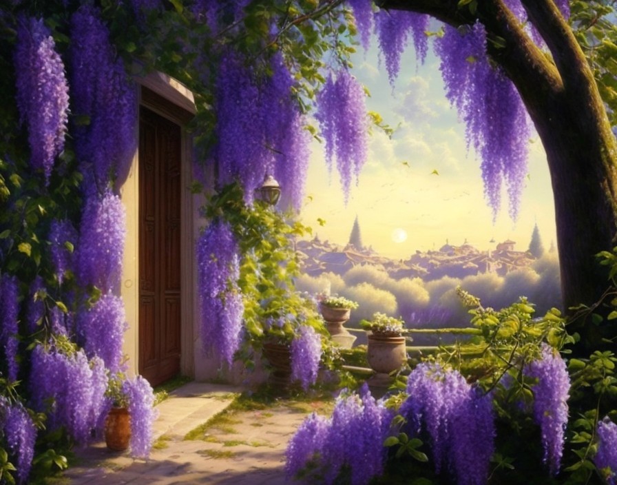 Blooming Wisteria in a Serene Garden at Sunset