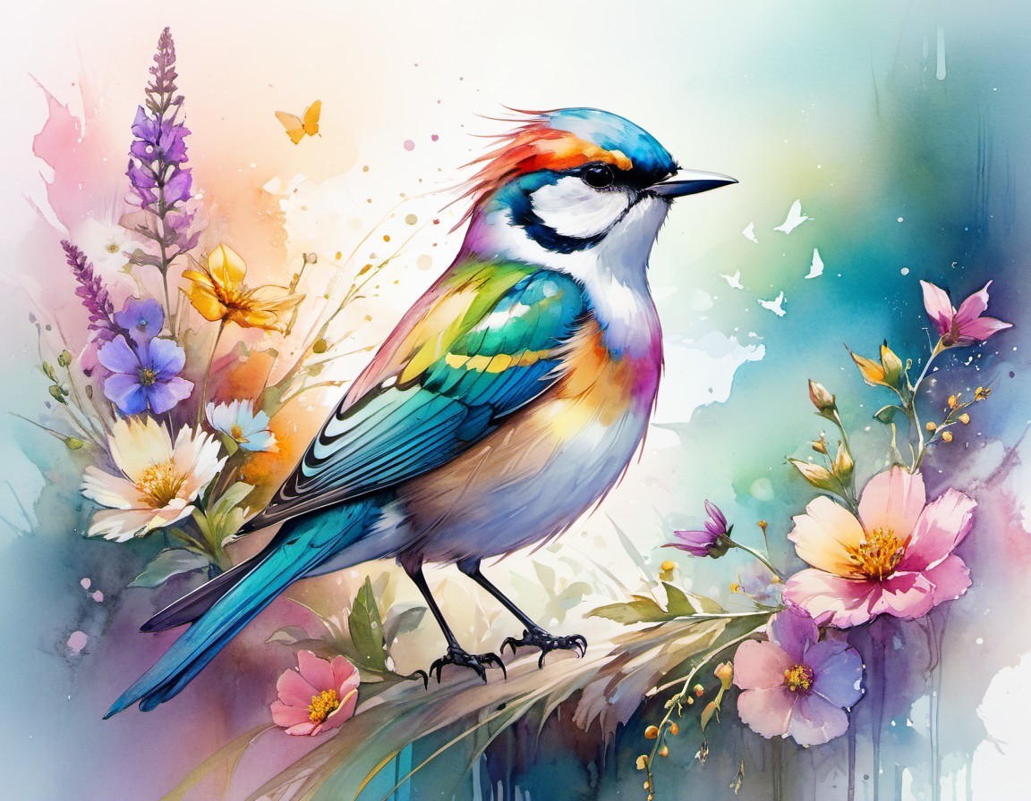 Vibrant Bird Among Colorful Flowers and Butterflies