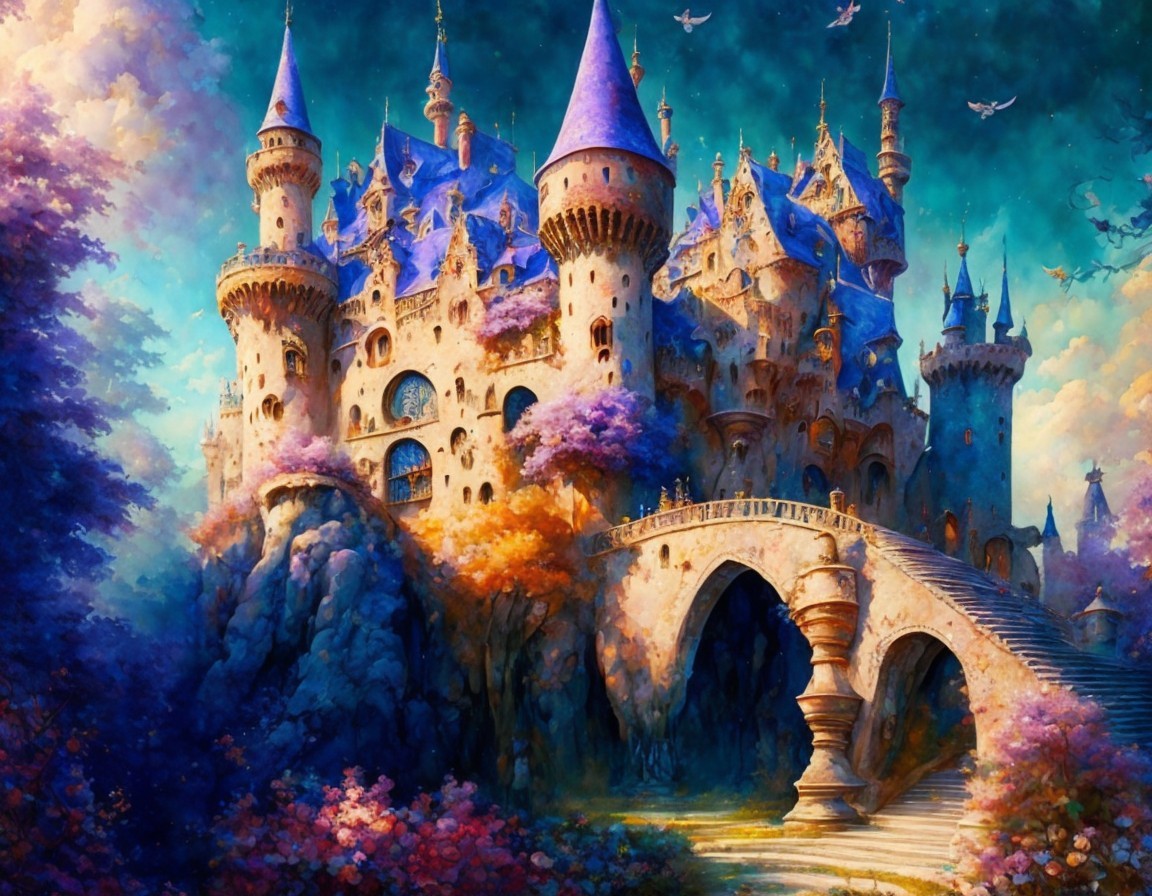 Fairy Tale Castle with Spires and Vibrant Gardens