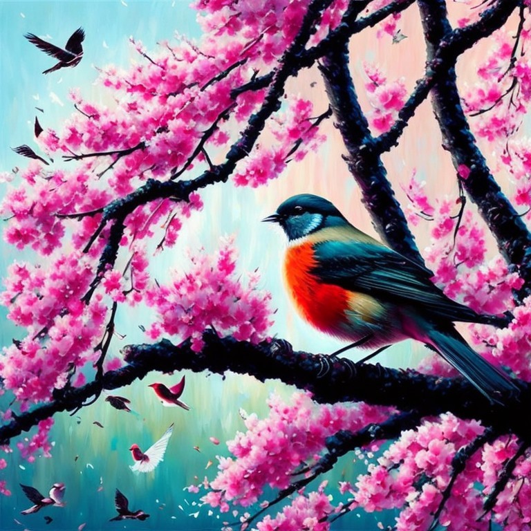 Colorful Bird Among Cherry Blossoms in Spring Scene
