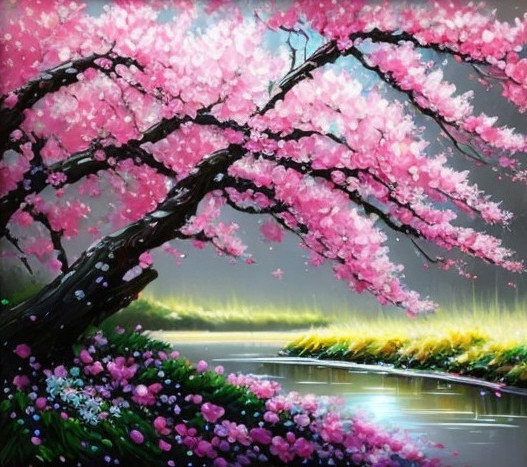 Serene Landscape with Cherry Blossom Tree and River