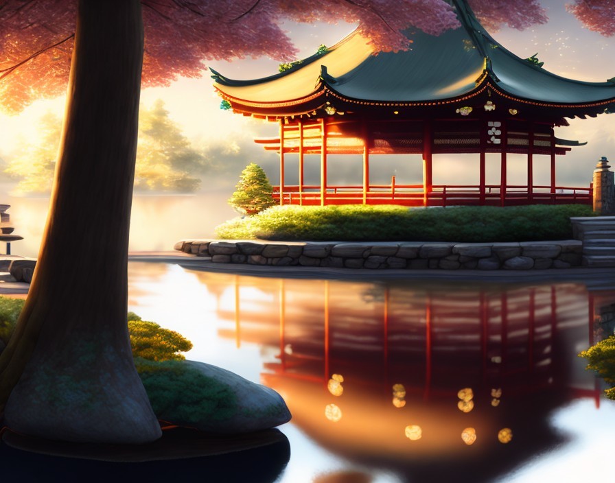 Traditional Asian Pavilion Surrounded by Cherry Blossoms