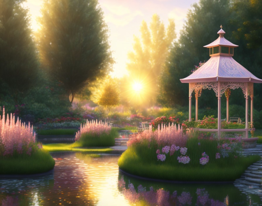 Serene garden at sunrise with gazebo and flowers