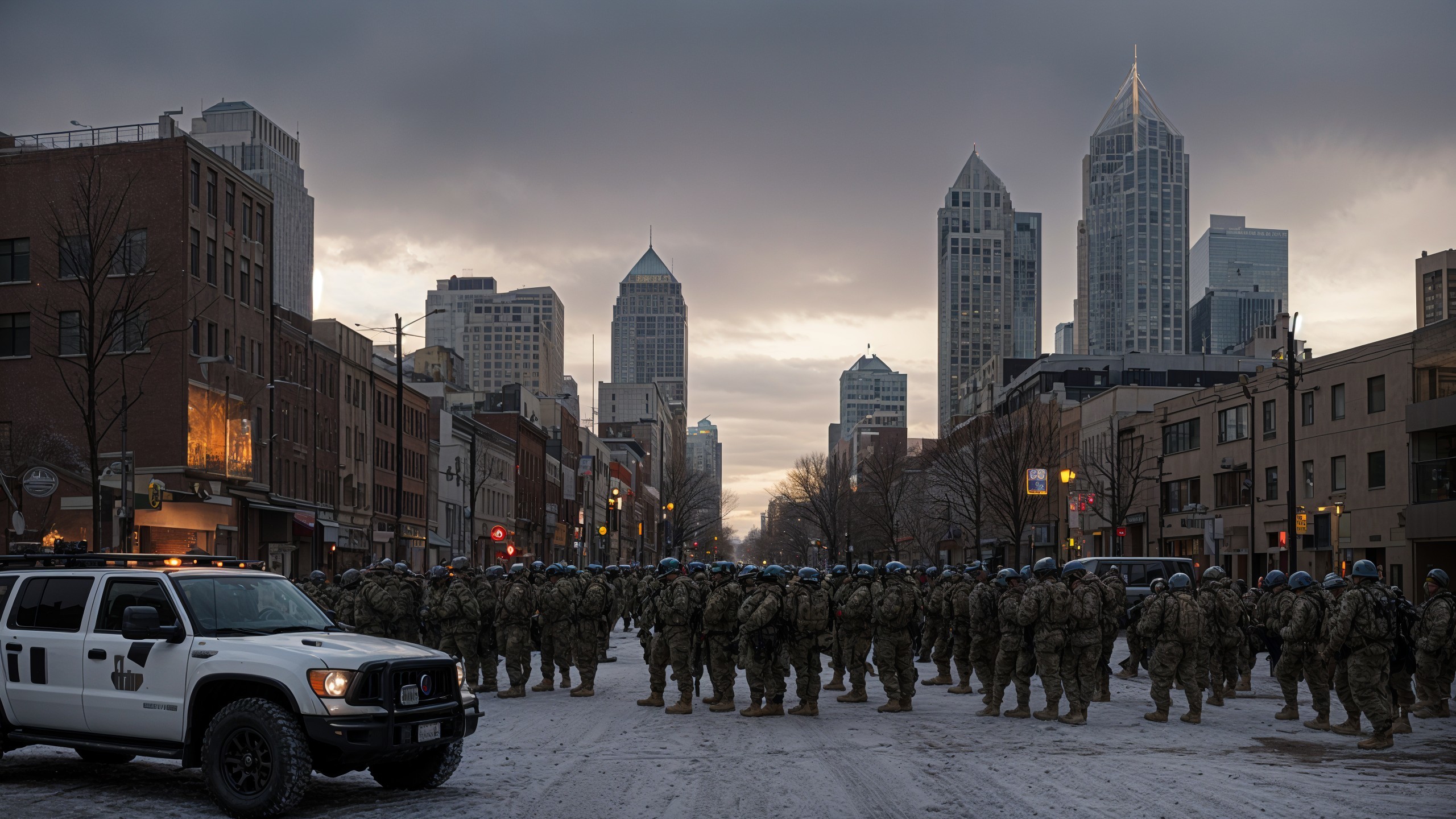 Soldiers in Military Gear Stand in City Street Scene