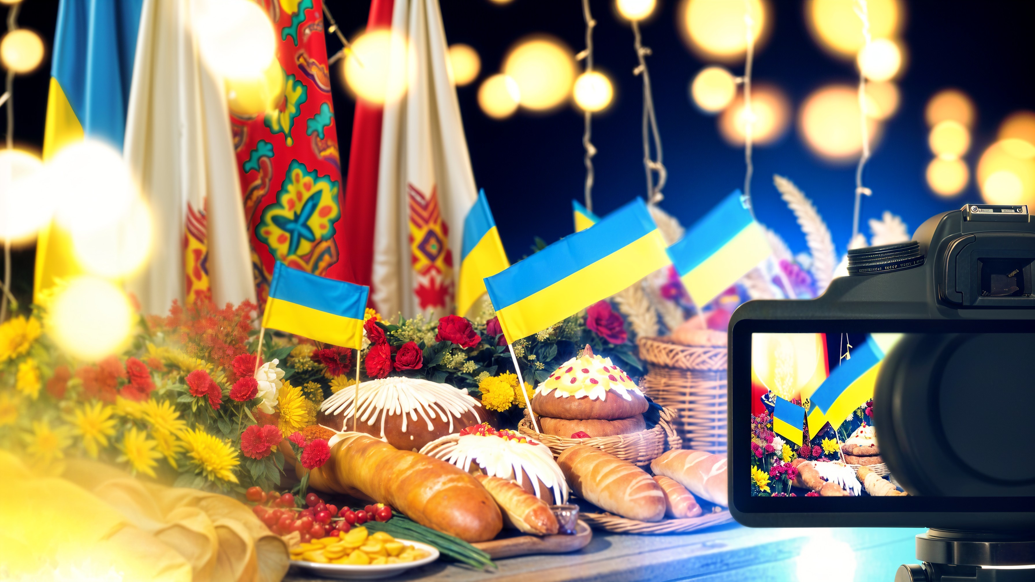 Ukrainian Festival Display with Flags and Pastries